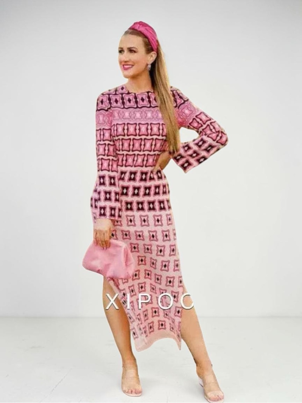 Zara Pink Patterned Long-Sleeve Midi Dress